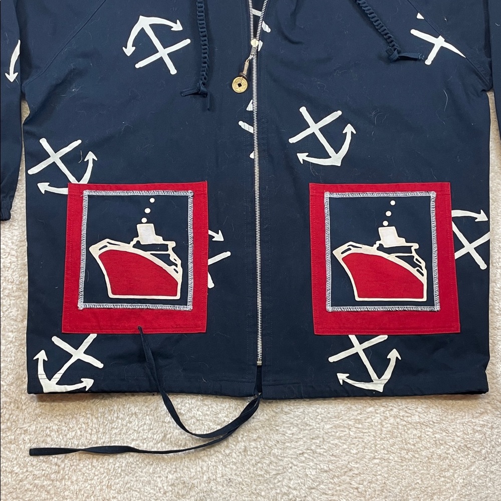 Asian Creations Nautical AnchorJacket Hooded Cotton Coat Oversized Women’s Large - Picture 4 of 7